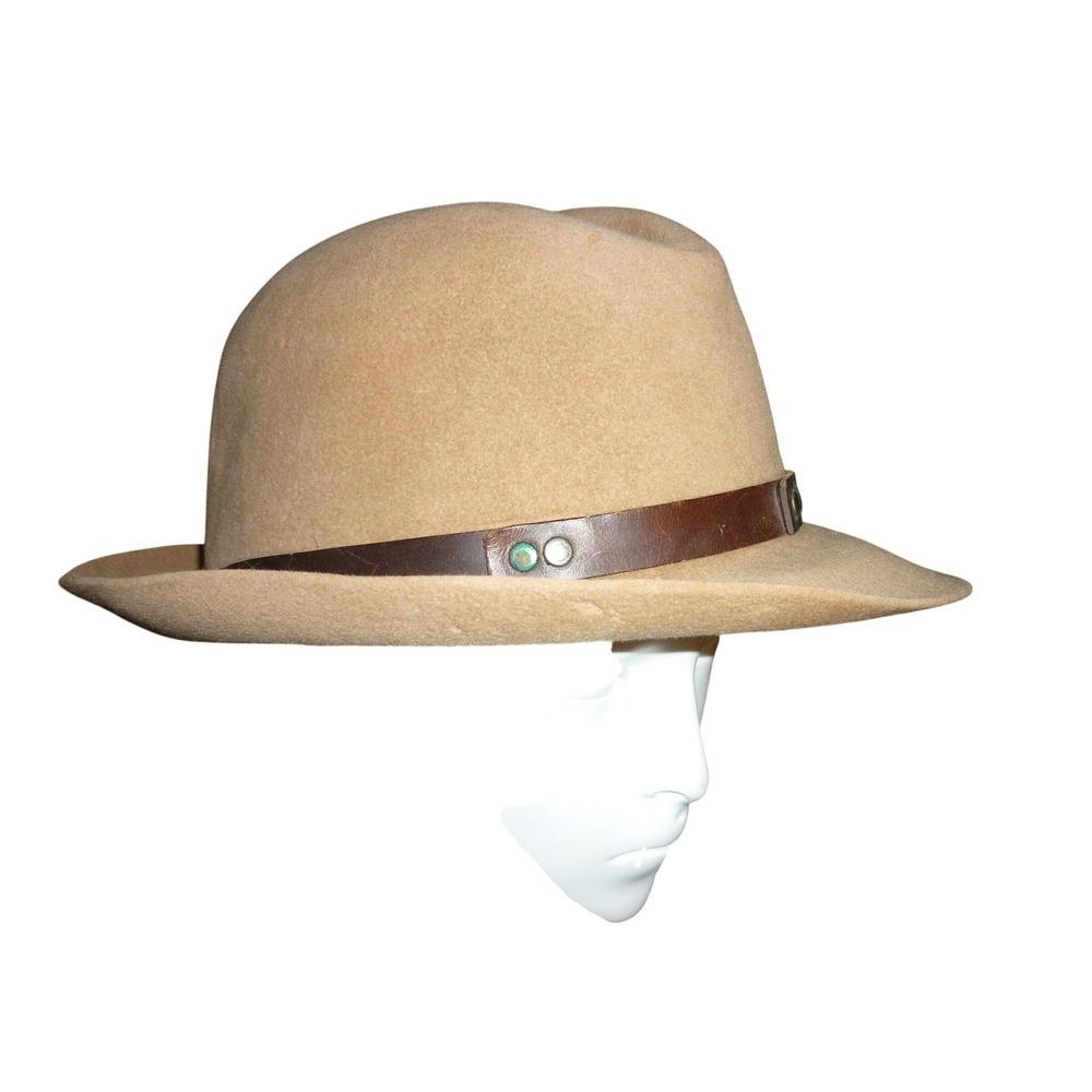 Churchill Ltd. Mens Camel Fedora Hat Leather Band Accents Wool Felt Trilby 7 1/4